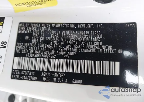 2011 Toyota Venza z USA, uszkodzony, nr VIN 4T3BA3BB7BU027362